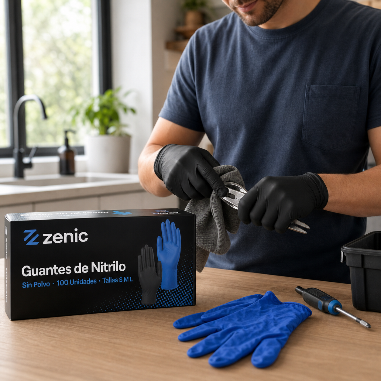 Guantes de Nitrilo Desechables Sin Polvo ni Látex, Resistentes y Antideslizantes, Azul y Negro, Tallas S/M/L, para Talleres, Limpieza, Alimentación e Industria