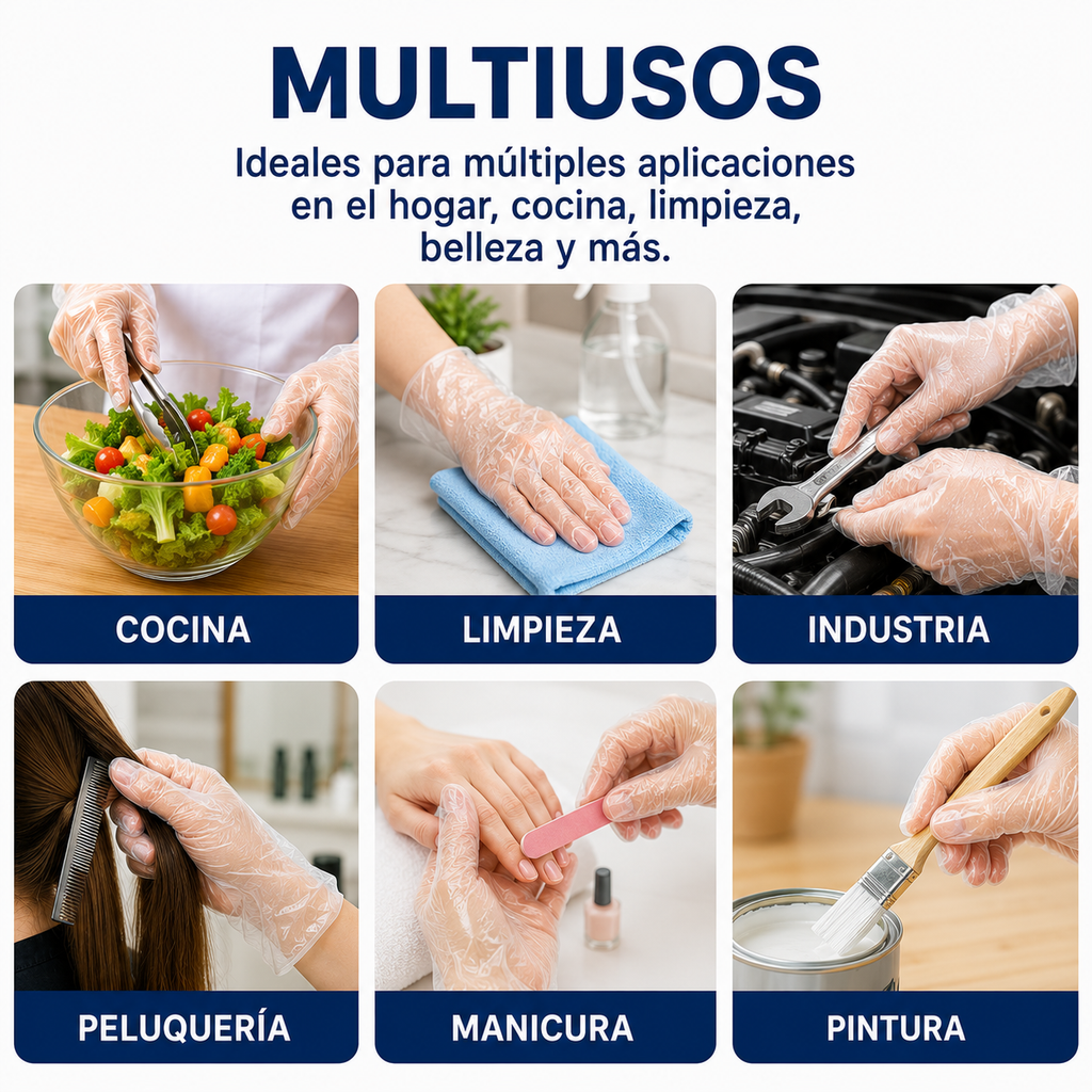 Guantes Desechables de Polietileno Talla Única, Sin Polvo, Uso Alimentario e Higiénico, para Gasolineras, Hostelería, Limpieza y Peluquería