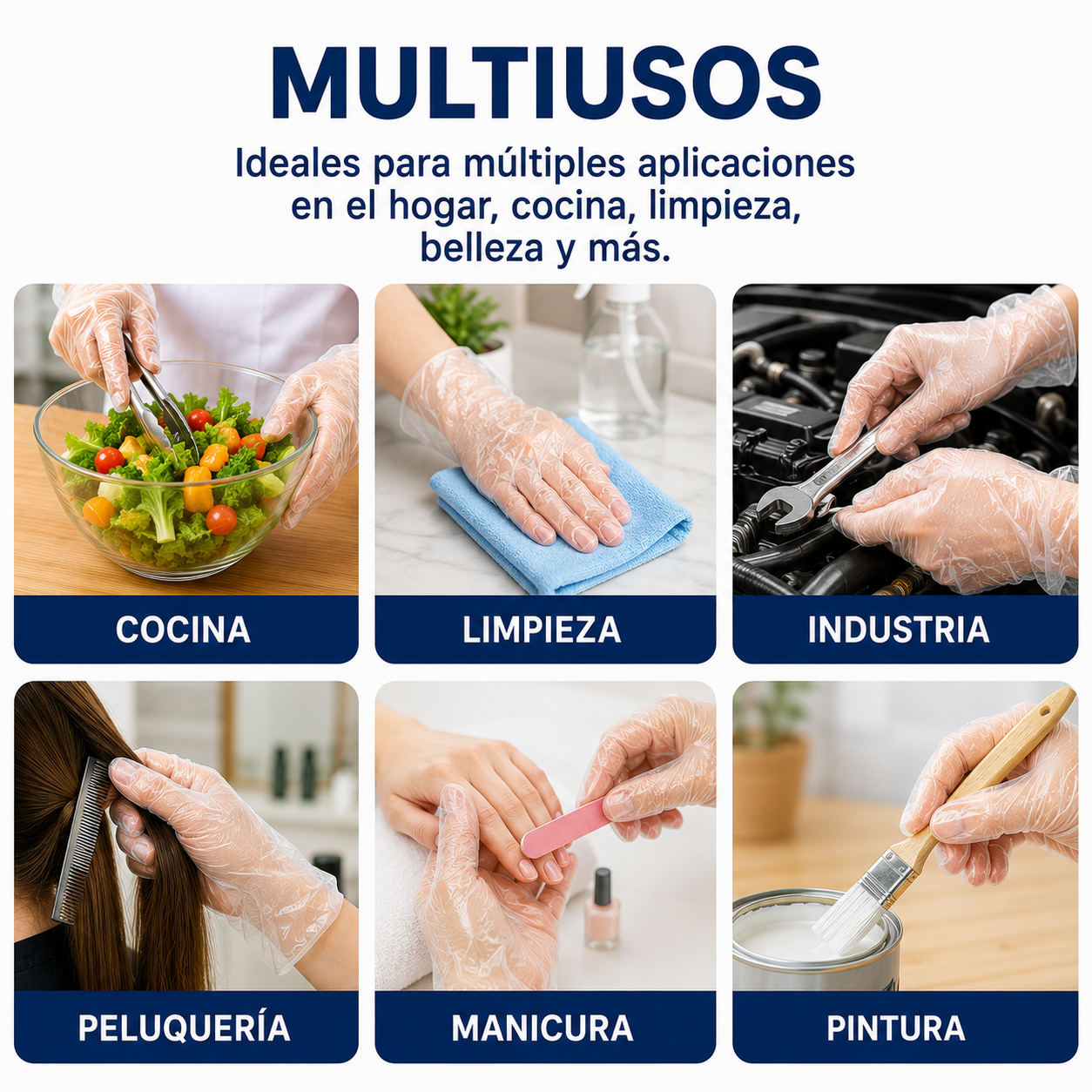 Guantes Desechables de Polietileno Talla Única, Sin Polvo, Uso Alimentario e Higiénico, para Gasolineras, Hostelería, Limpieza y Peluquería