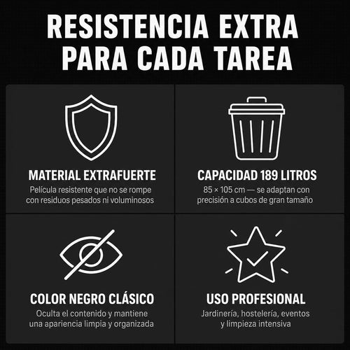 30 Bolsas Basura Resistentes Antigoteo, 189 Litros, Color Negro, 3 Rollos de 10 Bolsas. Ideal para Cubos de Comunidad de Vecinos, Frutería, Comercio, Jardíneria, Hostelería