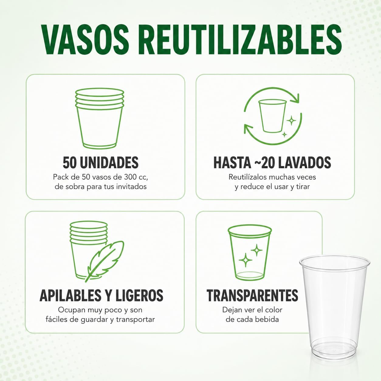 Vasos Reutilizables de Plástico Transparente 300 ml, Aptos para 20 Lavados Resistentes y Apilables para Café Cerveza Refrescos Fiestas Celebraciones