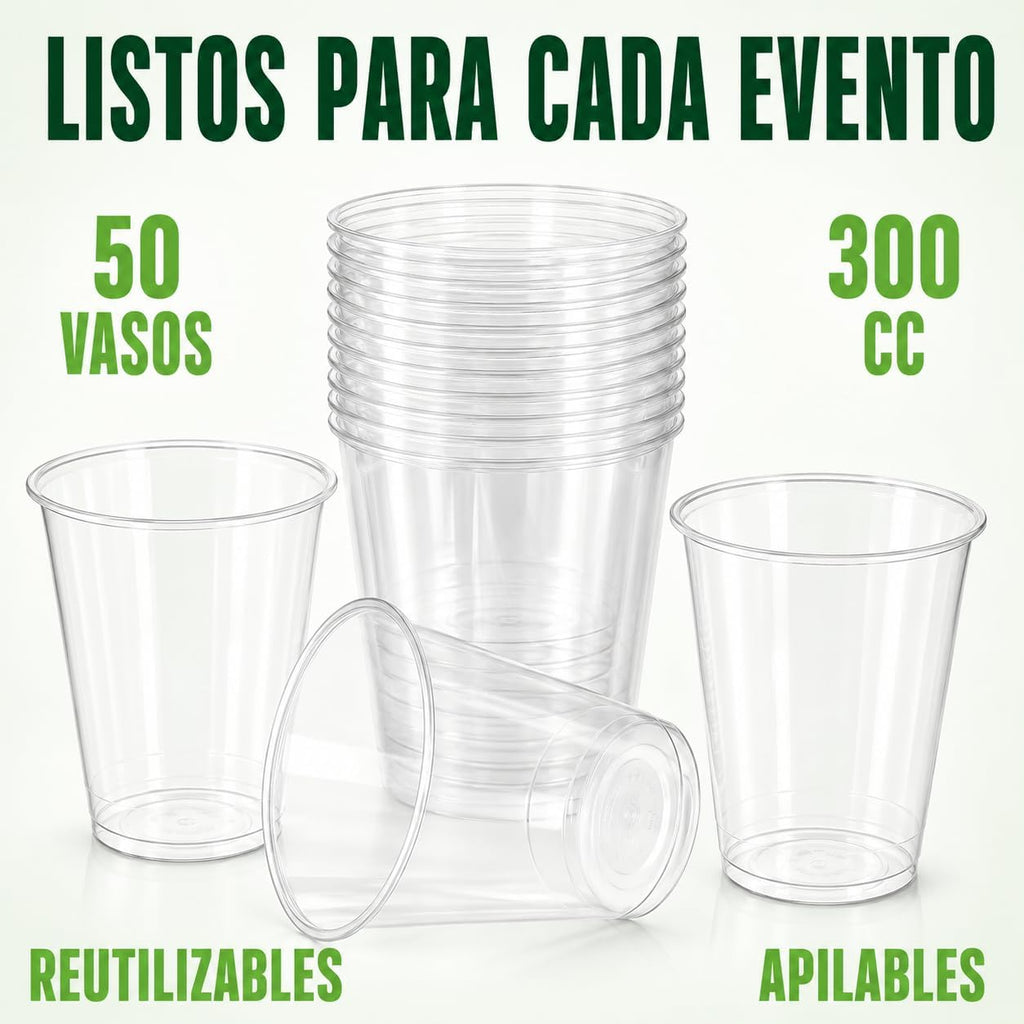Vasos Reutilizables de Plástico Transparente 300 ml, Aptos para 20 Lavados Resistentes y Apilables para Café Cerveza Refrescos Fiestas Celebraciones