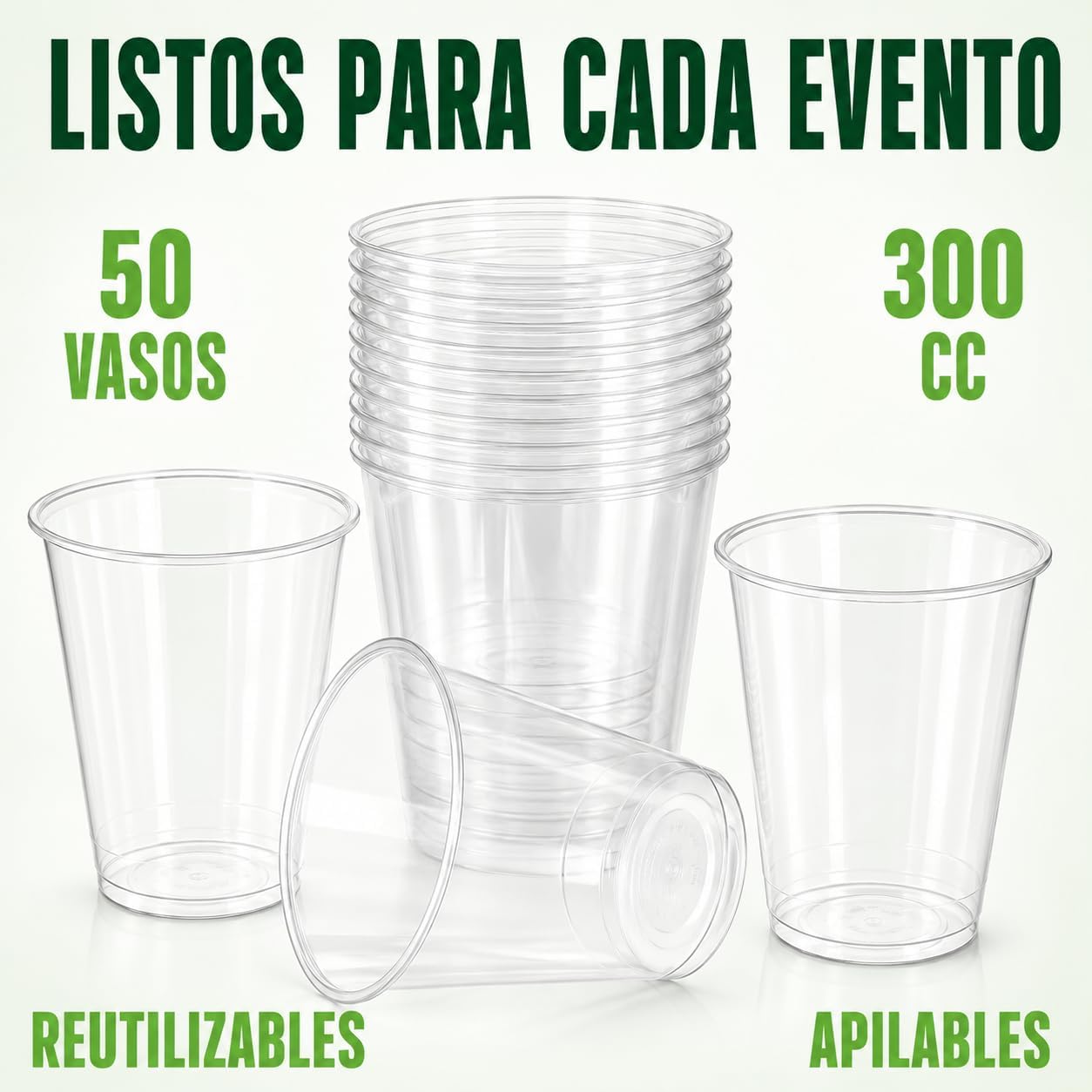 Vasos Reutilizables de Plástico Transparente 300 ml, Aptos para 20 Lavados Resistentes y Apilables para Café Cerveza Refrescos Fiestas Celebraciones