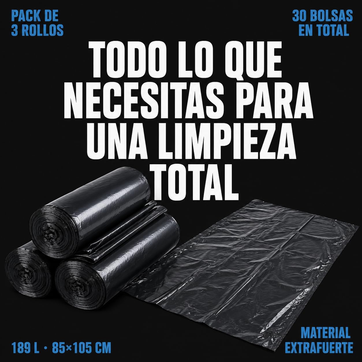 30 Bolsas Basura Resistentes Antigoteo, 189 Litros, Color Negro, 3 Rollos de 10 Bolsas. Ideal para Cubos de Comunidad de Vecinos, Frutería, Comercio, Jardíneria, Hostelería