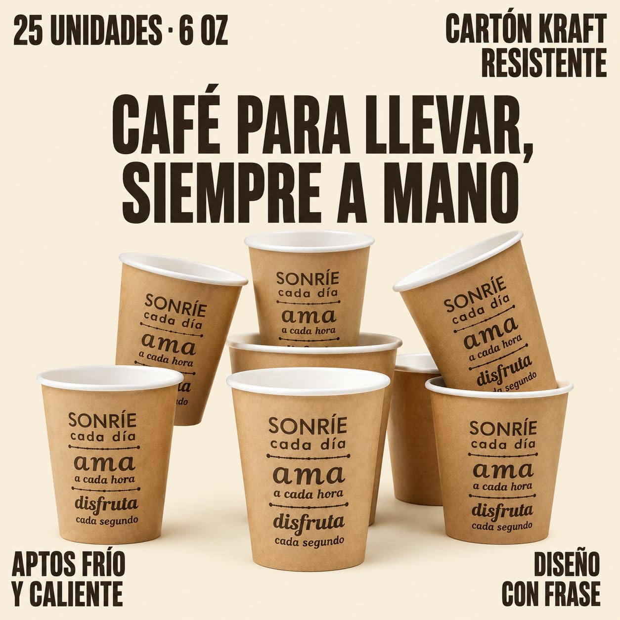 Vasos de Café de Cartón con Tapa Desechables, 6 oz, Diseño con Frase