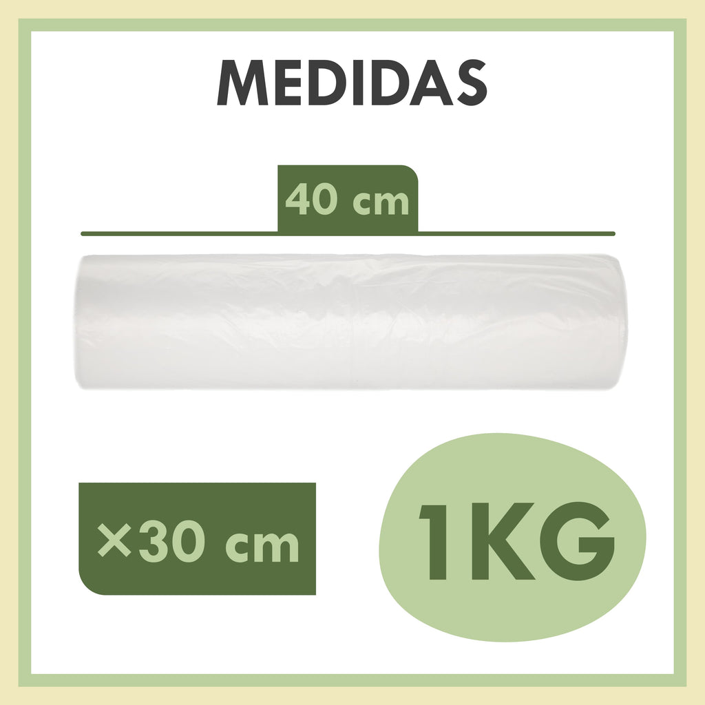 Bolsas de Plástico Transparentes en Rollo 30x40 cm, Paquete de 1 kg, Sin Asas, Uso Alimentario, Resistentes, para Supermercado, Frutería, Tienda y Hogar