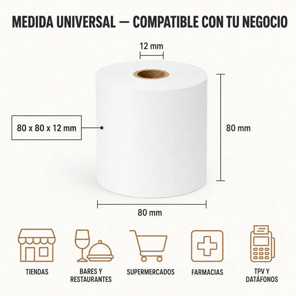 Papel Térmico 80x80 mm, para TPV, Impresora de Tickets, Caja Registradora y Datáfono, Recibos Nítidos sin Tinta, Terminal POS para Comercio y Hostelería