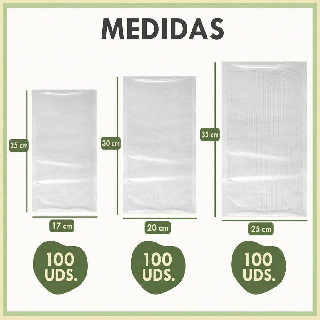 Bolsas de Vacío para Alimentos Gofradas 100 Unidades, Compatibles con Envasadora, Reutilizables y Resistentes, Aptas para Sous Vide, Congelador y Baja Temperatura