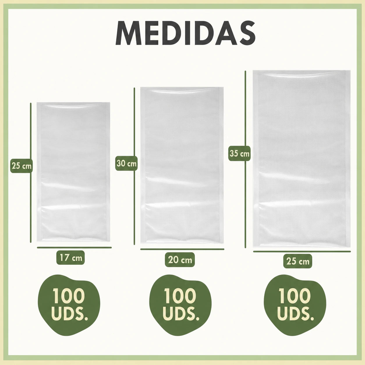 Bolsas de Vacío para Alimentos Gofradas 100 Unidades, Compatibles con Envasadora, Reutilizables y Resistentes, Aptas para Sous Vide, Congelador y Baja Temperatura