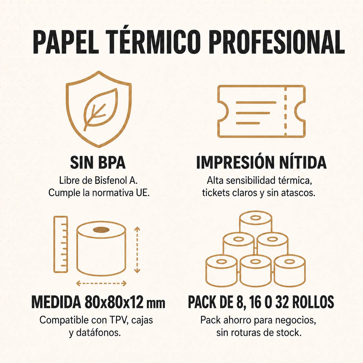 Papel Térmico 80x80 mm, para TPV, Impresora de Tickets, Caja Registradora y Datáfono, Recibos Nítidos sin Tinta, Terminal POS para Comercio y Hostelería