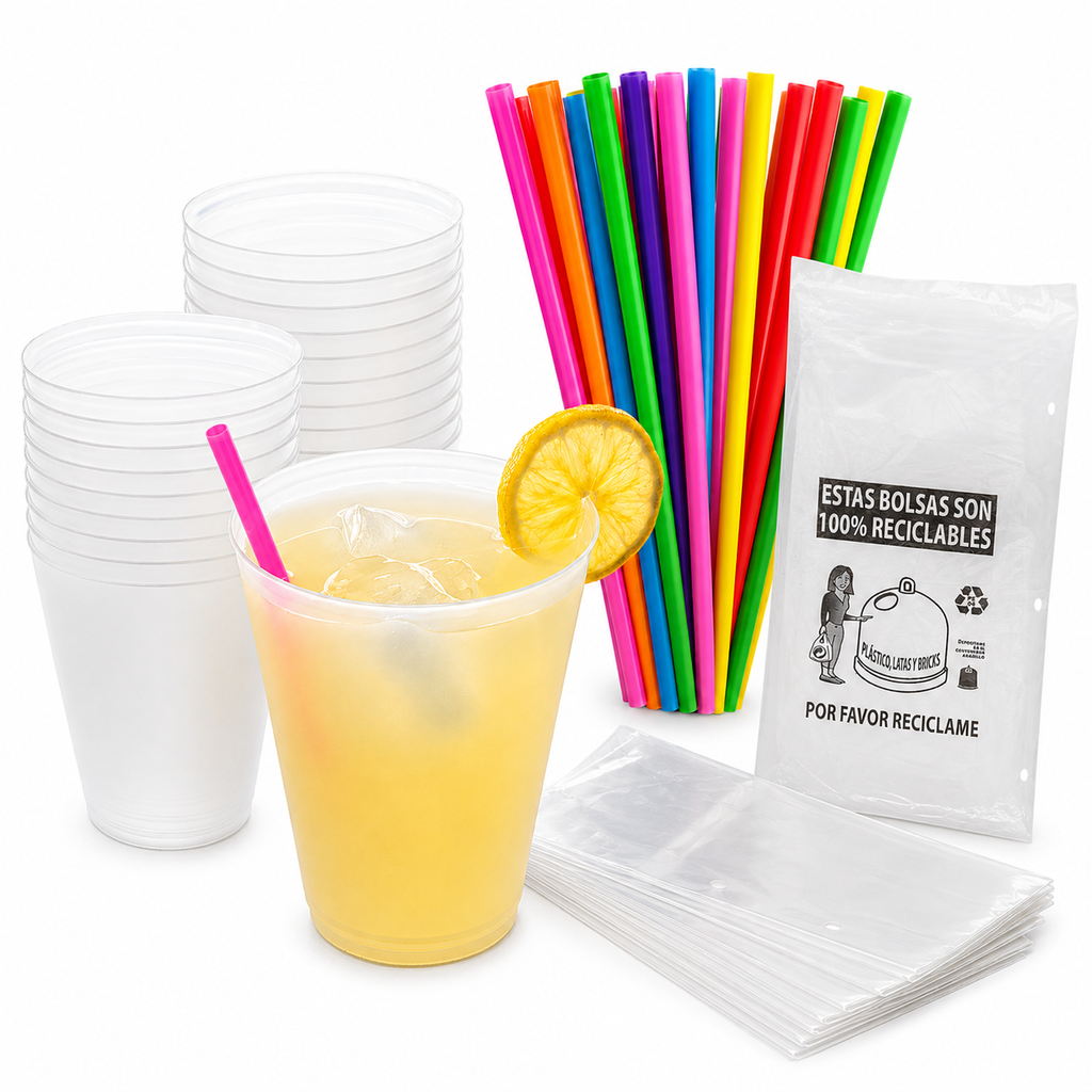 Lote Fiesta y Eventos: Vasos Reutilizables + Pajitas + Bolsas para Chuches