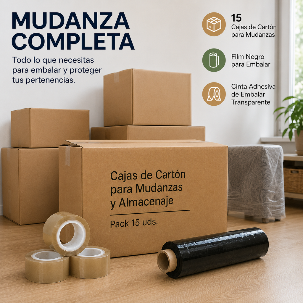 Lote Mudanza Completa: Cajas + Film de Embalar + Cinta Adhesiva
