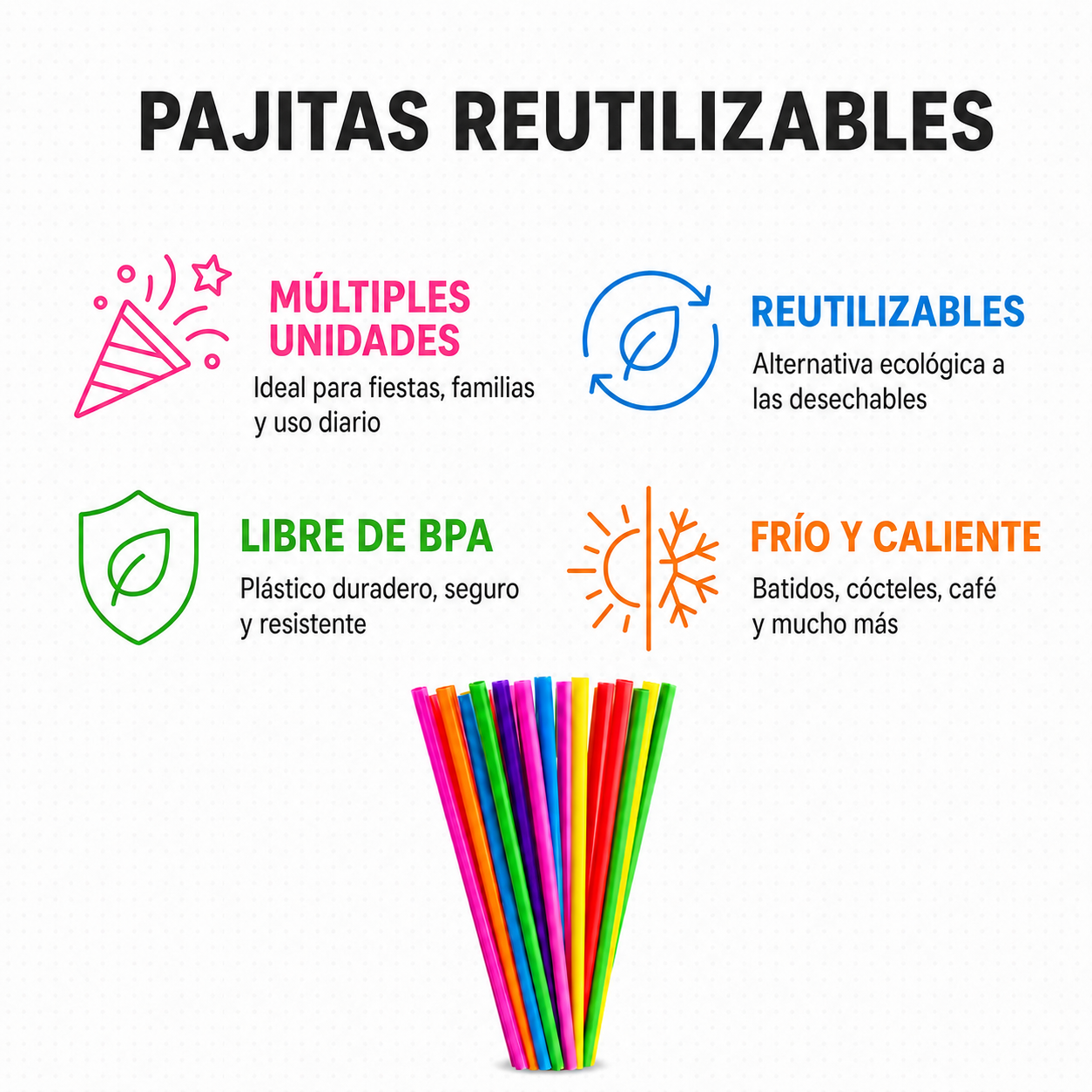 Pajitas Reutilizables de Plástico Multicolor 21 cm, Sin BPA, para Bebidas Frías y Calientes, Cócteles y Batidos