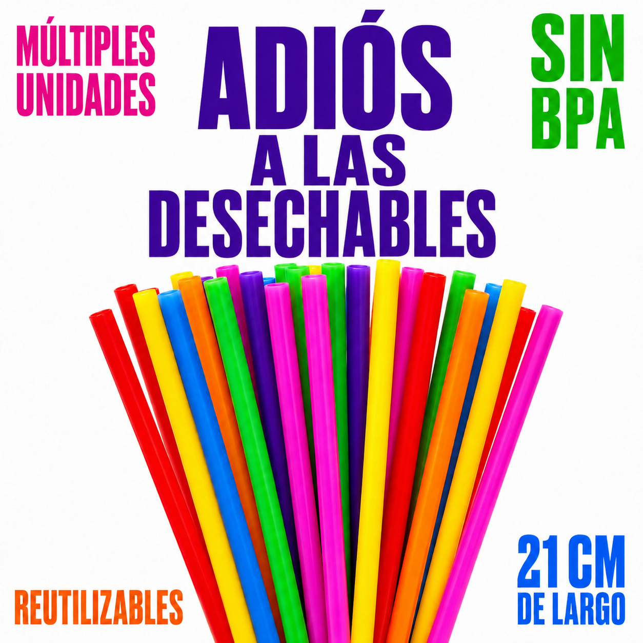 Pajitas Reutilizables de Plástico Multicolor 21 cm, Sin BPA, para Bebidas Frías y Calientes, Cócteles y Batidos