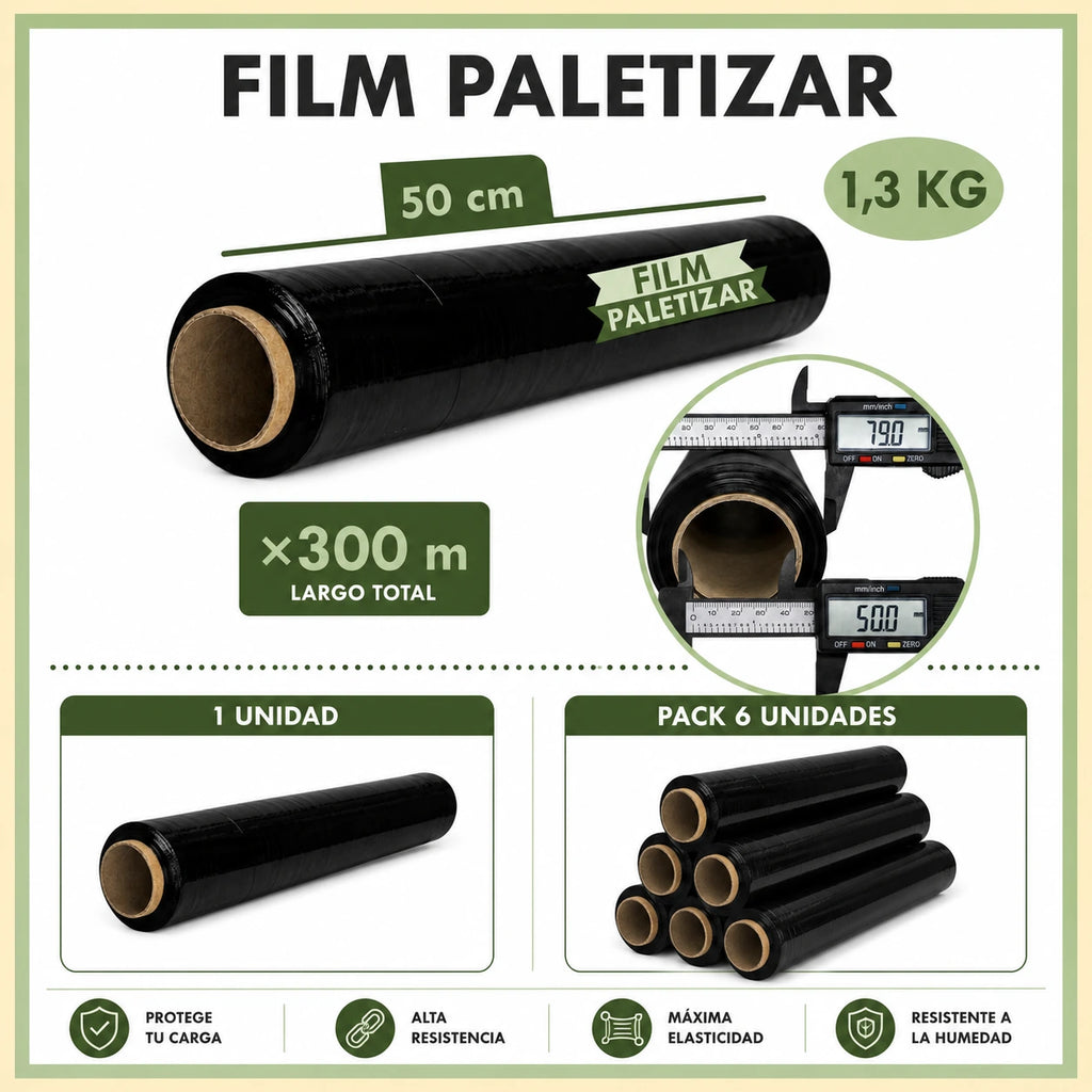 Rollos de Film Negro para Embalar 50 cm x 300 m, Film Estirable para Mudanza y Paletizar, Protección de Muebles, Cajas y Embalaje