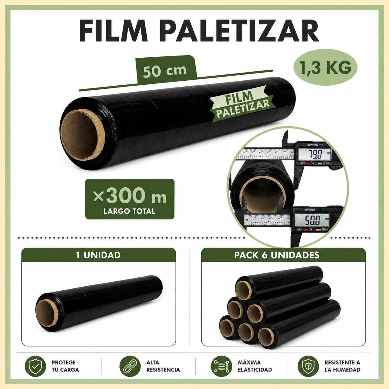 Rollos de Film Negro para Embalar 50 cm x 300 m, Film Estirable para Mudanza y Paletizar, Protección de Muebles, Cajas y Embalaje