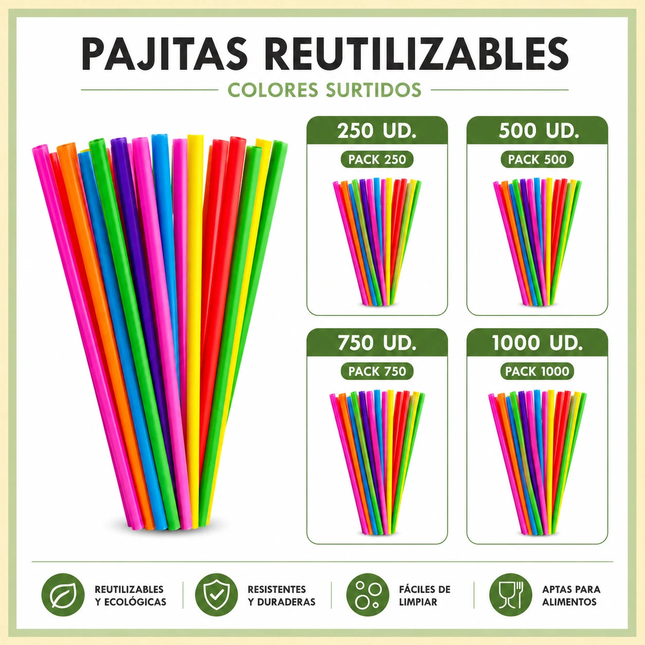 Pajitas Reutilizables de Plástico Multicolor 21 cm, Sin BPA, para Bebidas Frías y Calientes, Cócteles y Batidos