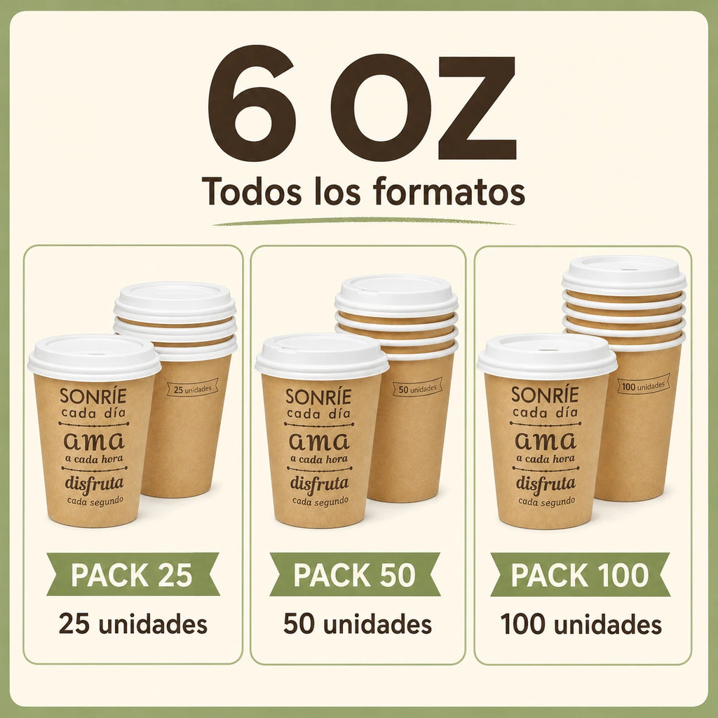 Vasos de Café de Cartón con Tapa Desechables, 6 oz, Diseño con Frase
