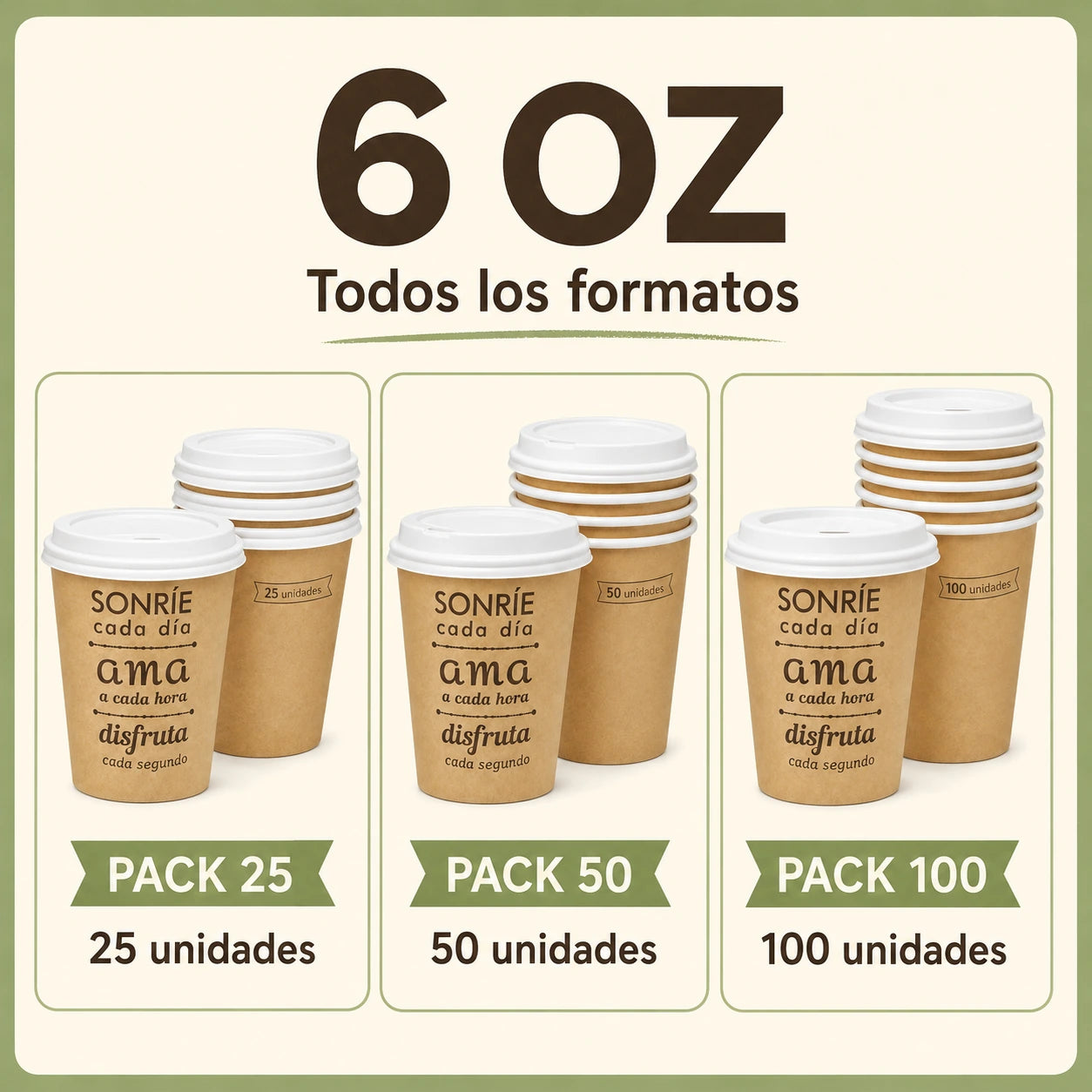 Vasos de Café de Cartón con Tapa Desechables, 6 oz, Diseño con Frase