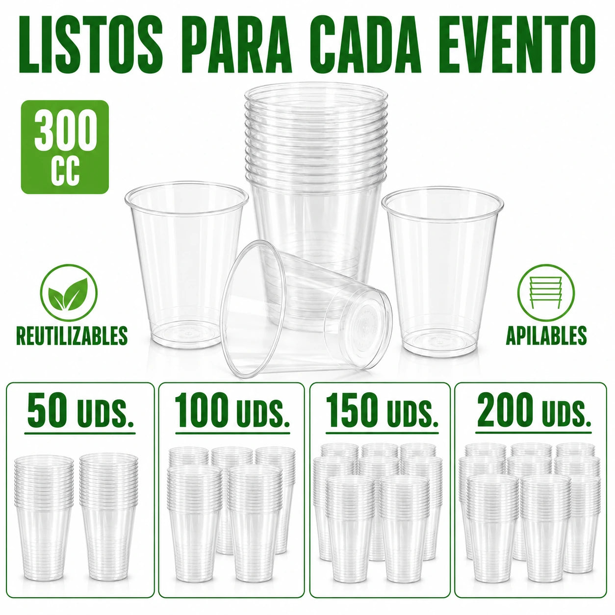 Vasos Reutilizables de Plástico Transparente 300 ml, Aptos para 20 Lavados Resistentes y Apilables para Café Cerveza Refrescos Fiestas Celebraciones