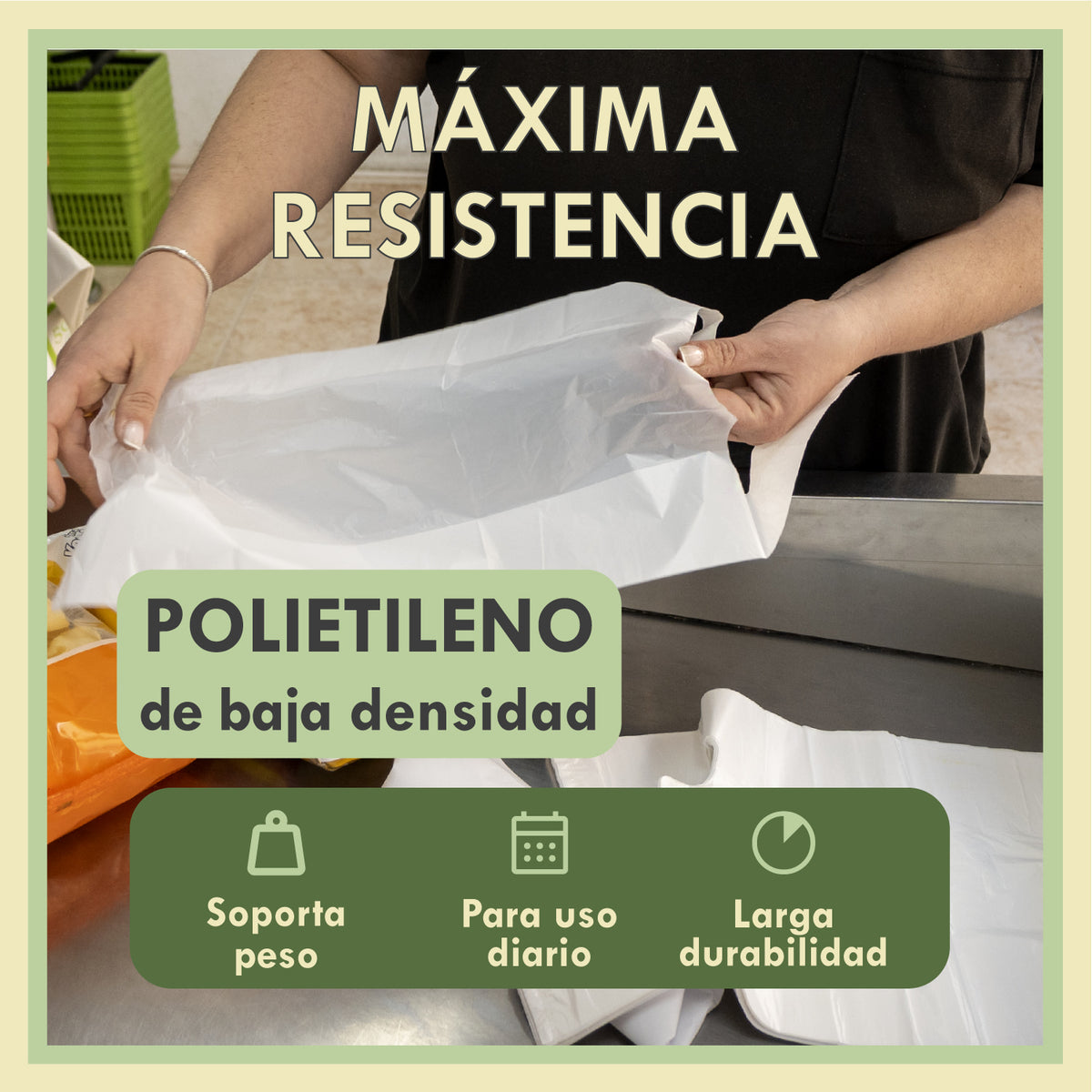 Infografía: bolsas de polietileno de baja densidad, resistentes, soportan peso y de larga durabilidad para comercios