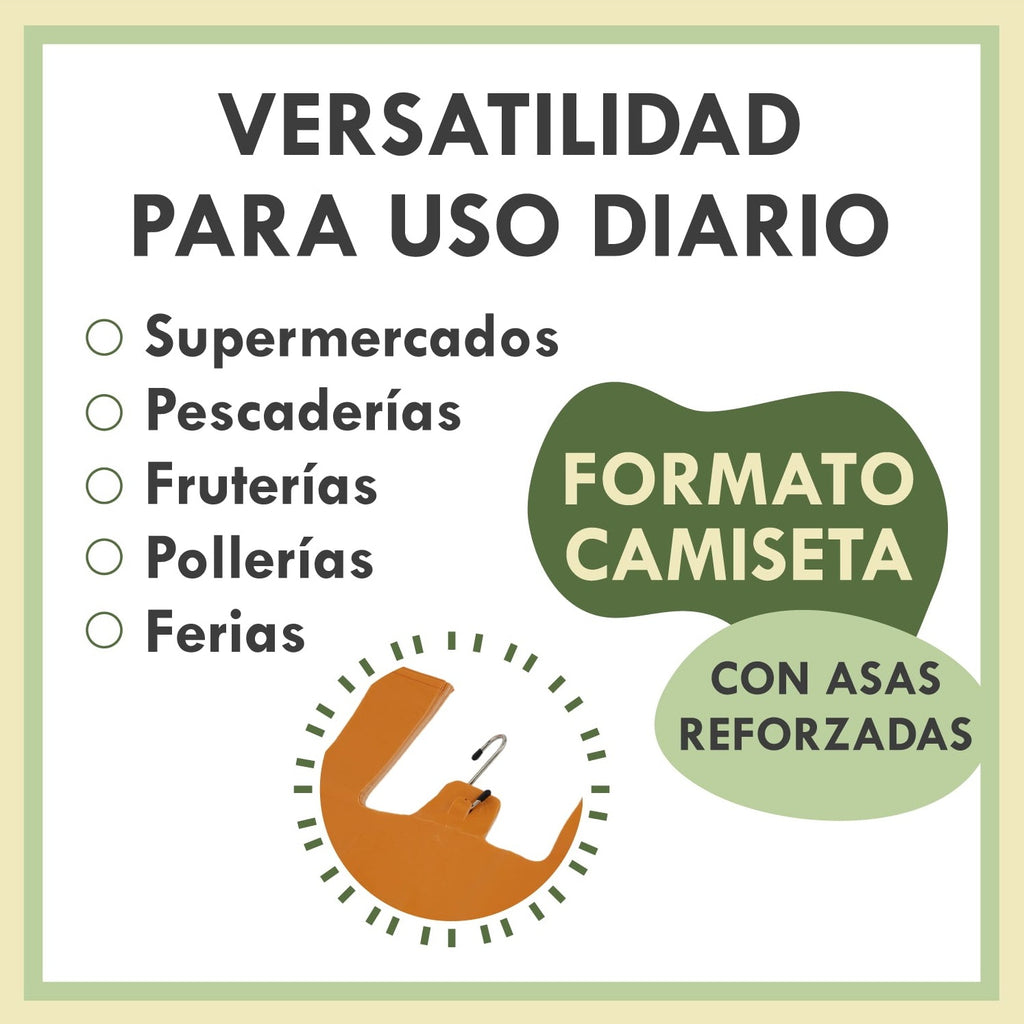 Infografía: versatilidad para supermercados, pescaderías, fruterías, pollerías y ferias, formato camiseta con asas reforzadas