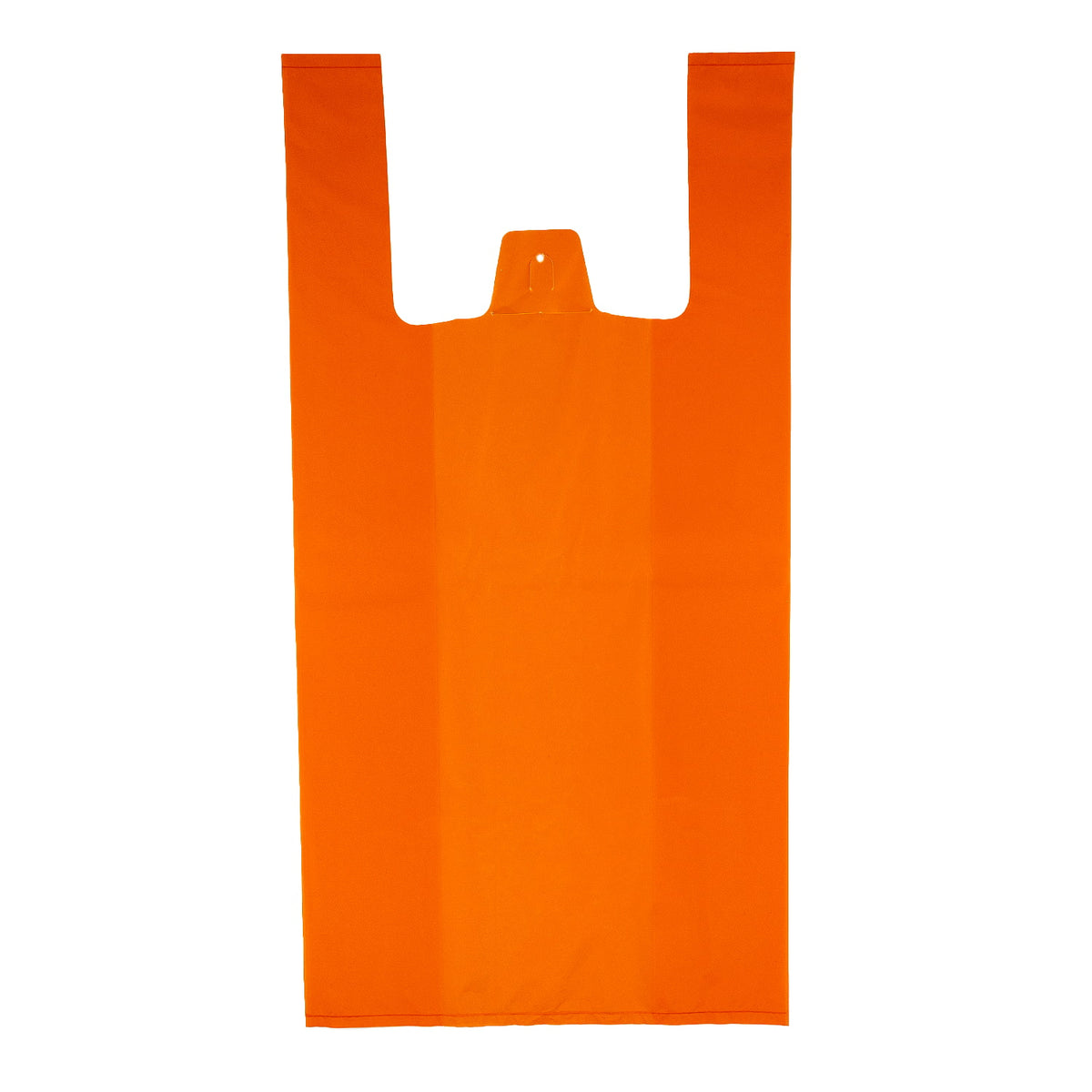 Bolsa de plástico naranja tipo camiseta con asas sobre fondo blanco