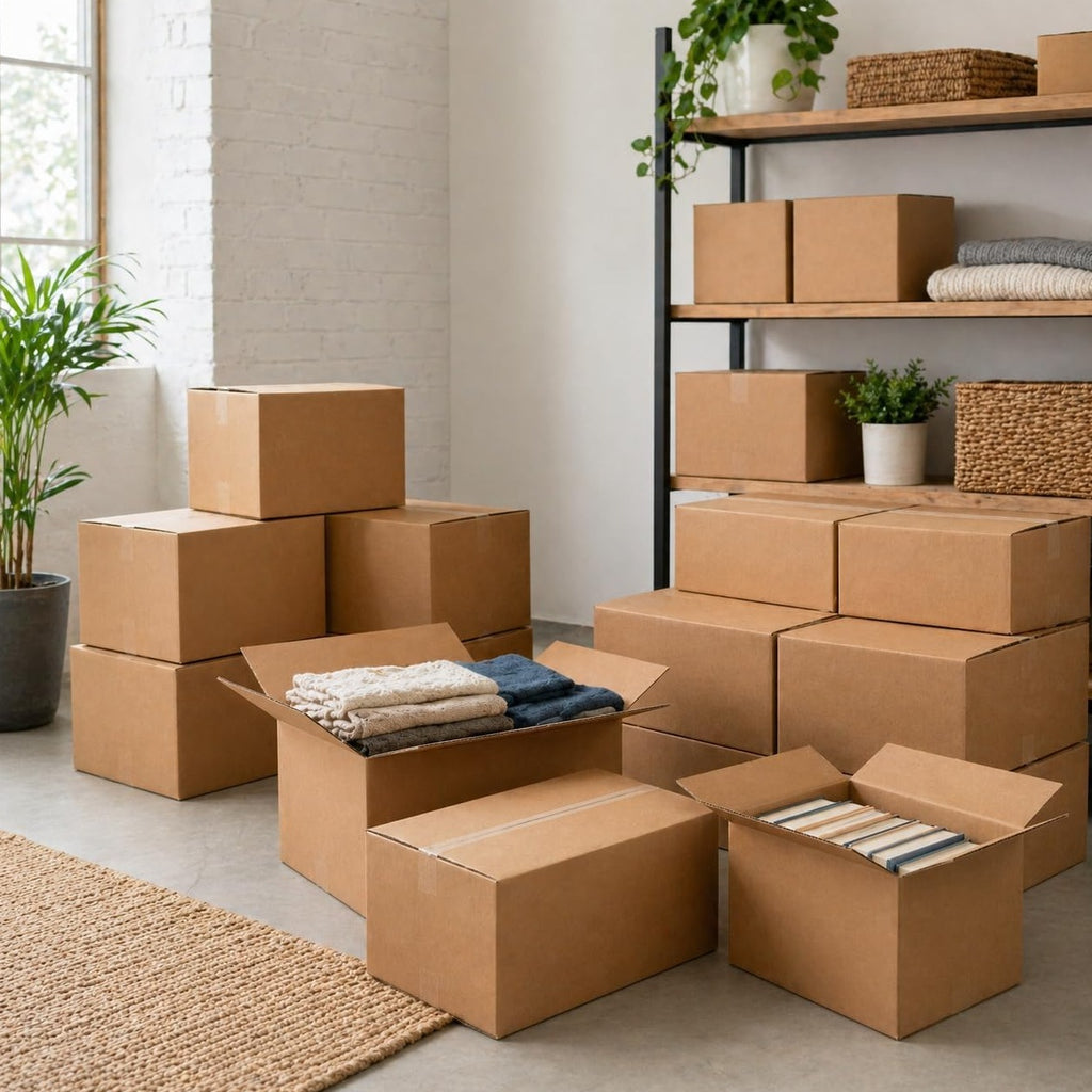 Varias cajas de cartón apiladas y organizadas en una estantería durante una mudanza, algunas abiertas con ropa y libros