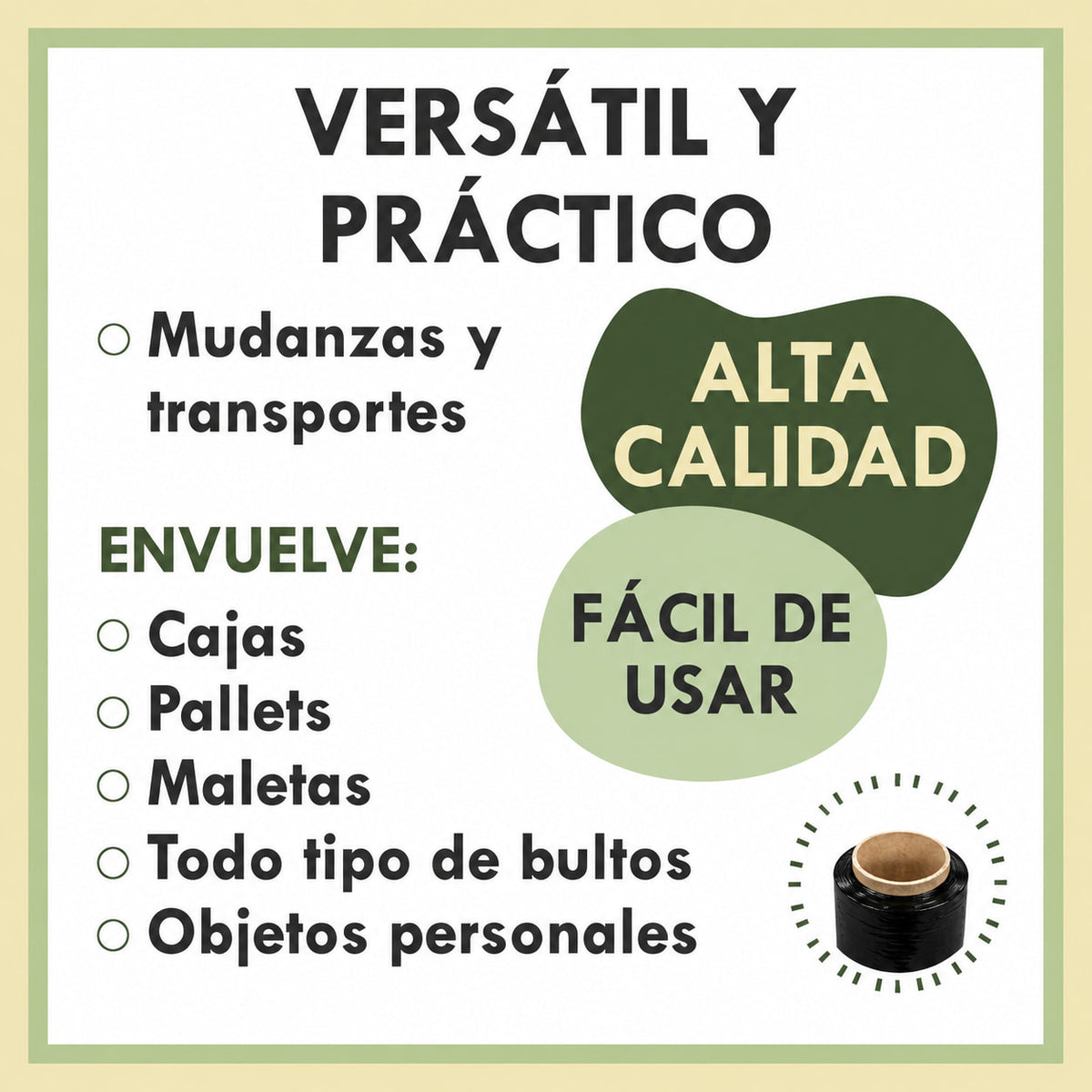 Infografía "Versátil y práctico": film negro para mudanzas, transportes, cajas, pallets, maletas y todo tipo de bultos