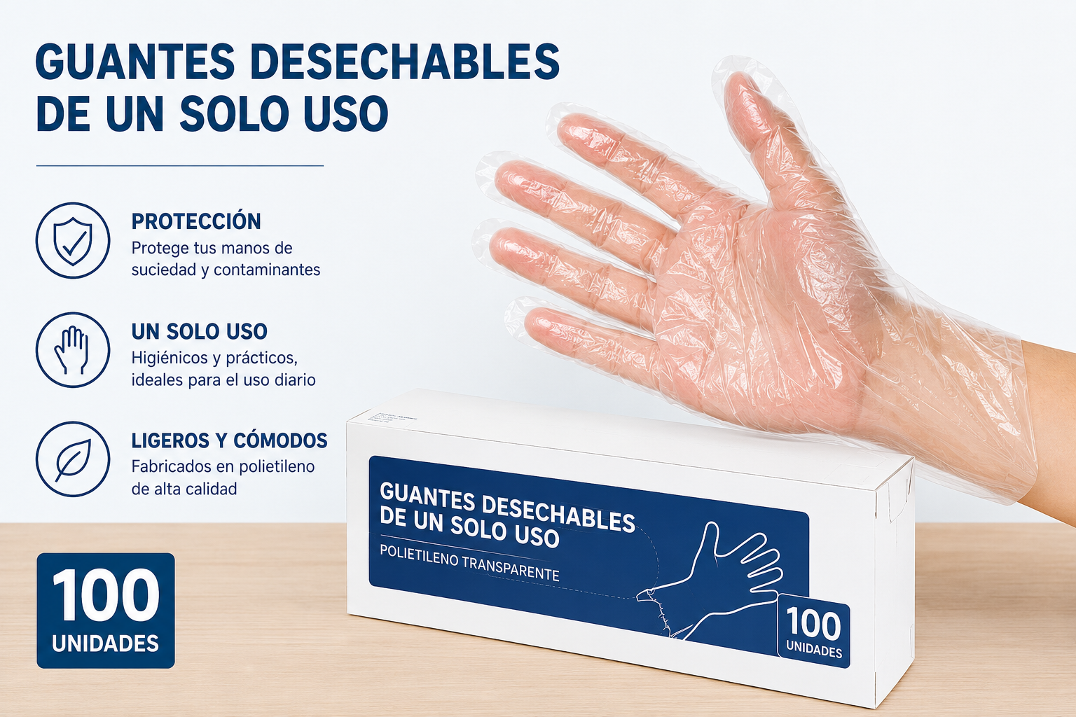 Guantes Desechables de Polietileno Talla Única, Sin Polvo, Uso Alimentario e Higiénico, para Gasolineras, Hostelería, Limpieza y Peluquería