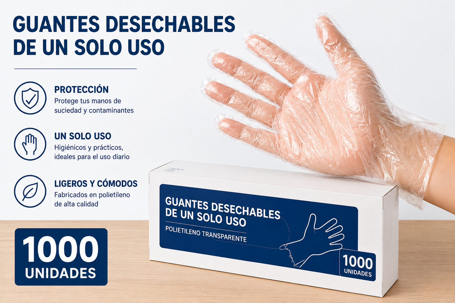 Guantes Desechables de Polietileno Talla Única, Sin Polvo, Uso Alimentario e Higiénico, para Gasolineras, Hostelería, Limpieza y Peluquería