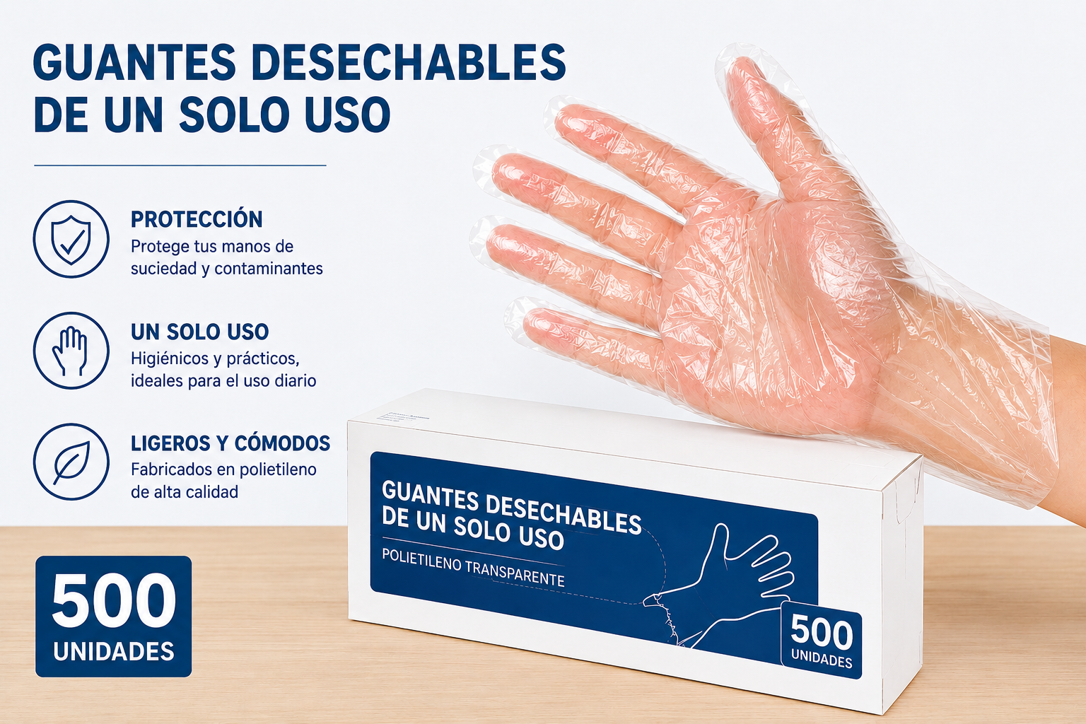Guantes Desechables de Polietileno Talla Única, Sin Polvo, Uso Alimentario e Higiénico, para Gasolineras, Hostelería, Limpieza y Peluquería