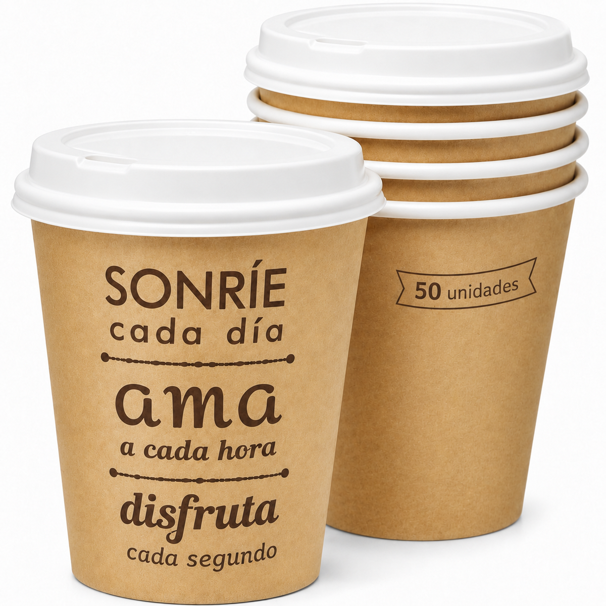Vasos de cartón para café con tapa y frase impresa, pack de 50 unidades de 6 oz